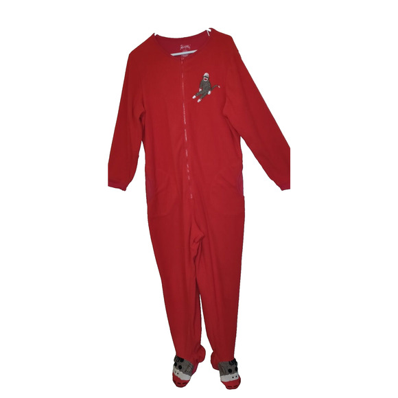 Nick & Nora Footie Fleece Red Pajamas Size Large SOCK MONKEY Zip Up Footed PJs - Picture 1 of 16